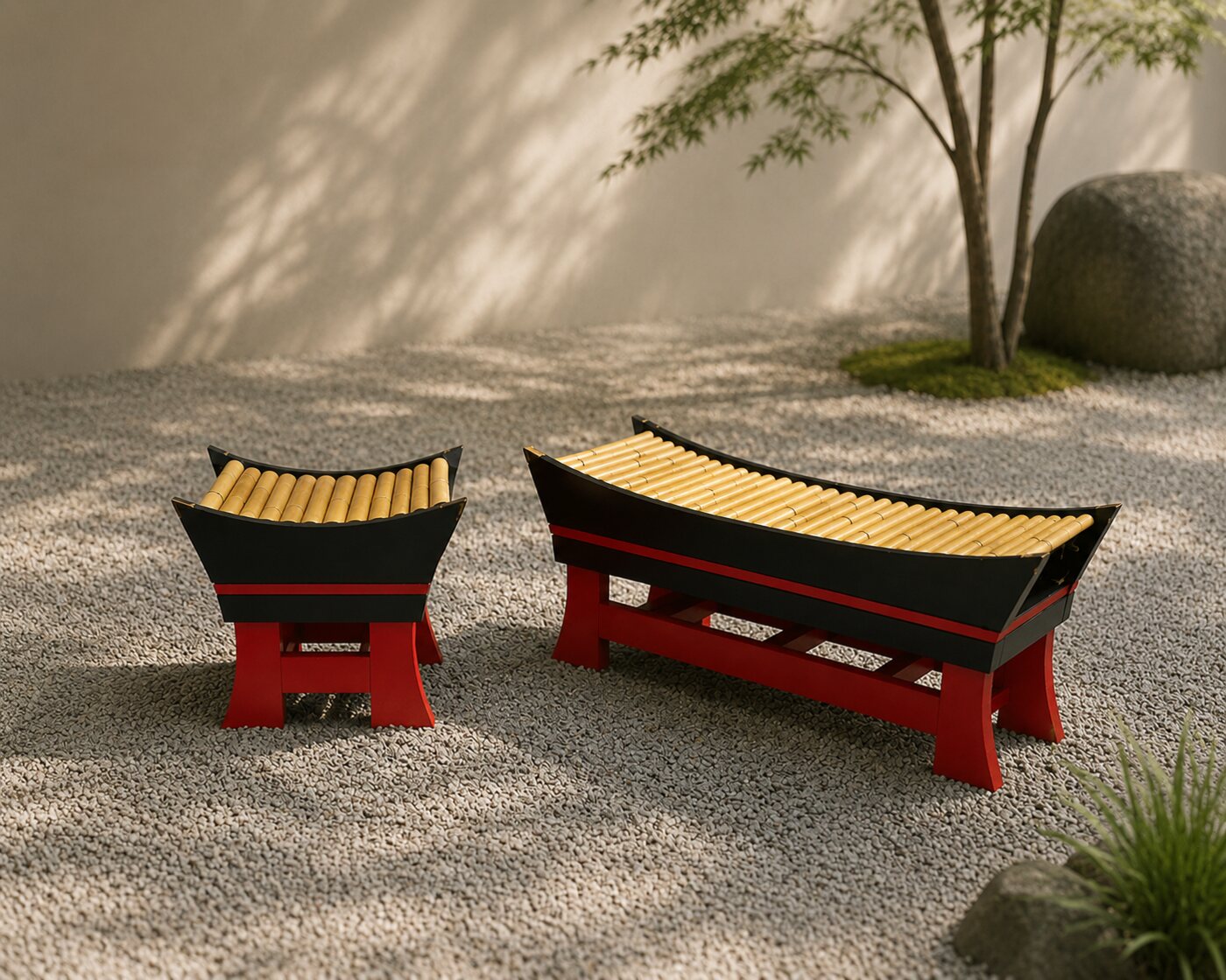 Japanese-inspired bamboo bench and stool