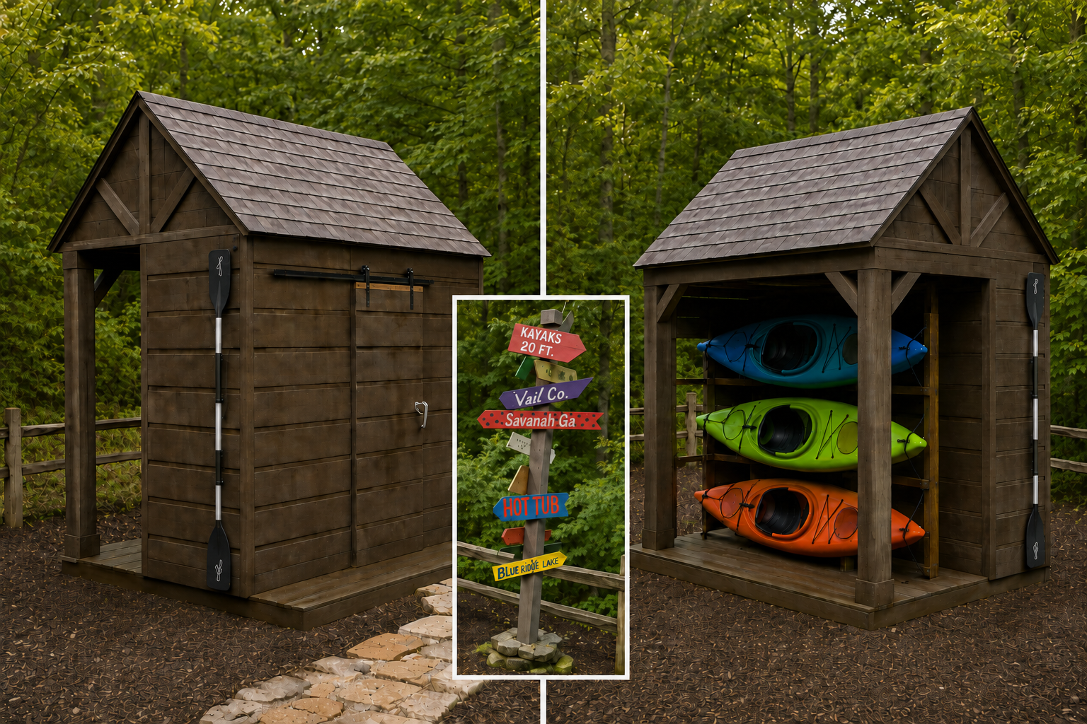 Front and open views of a custom kayak shed with its whimsical cabin signpost