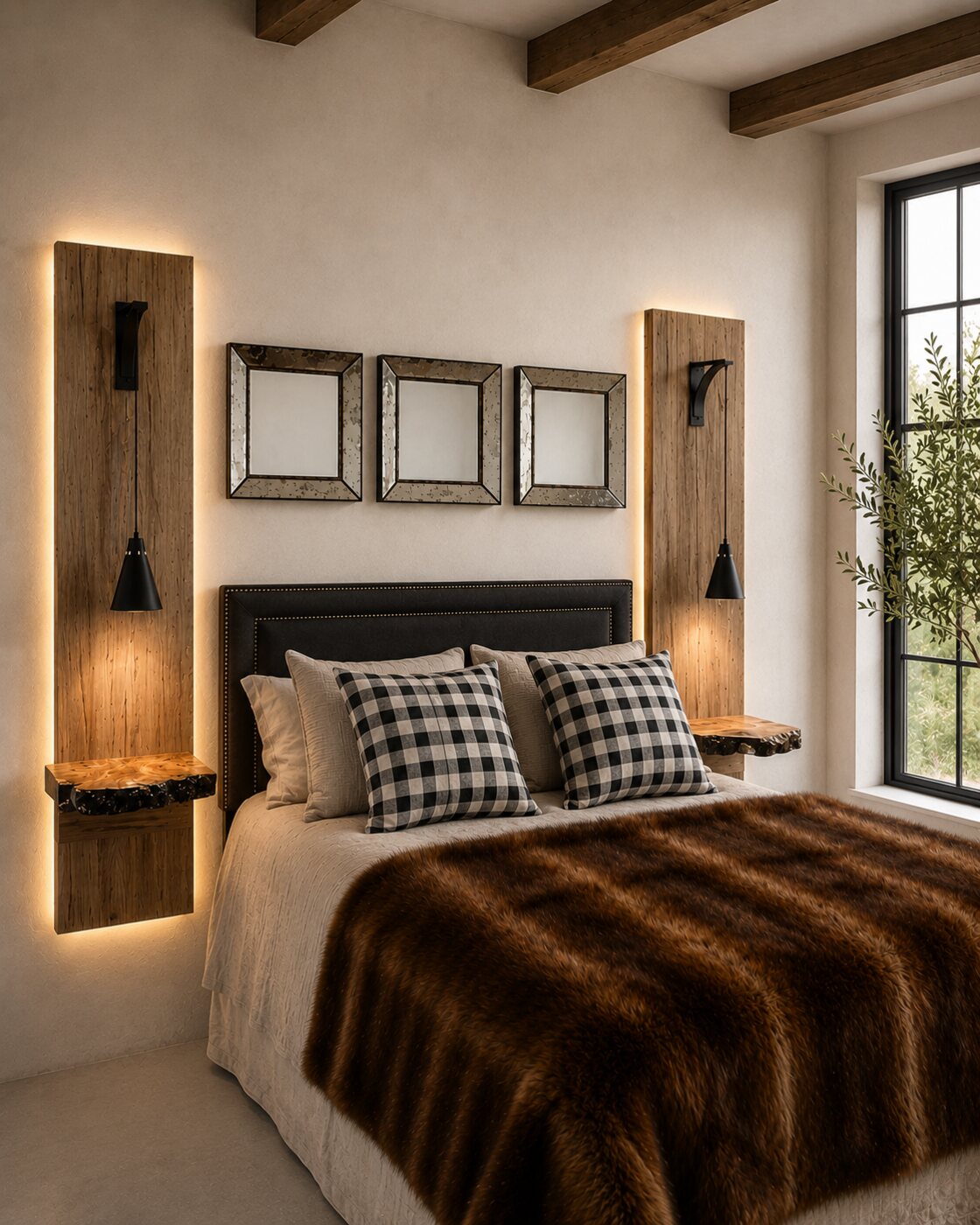 Custom primary bedroom with illuminated wood panels and bedside tables