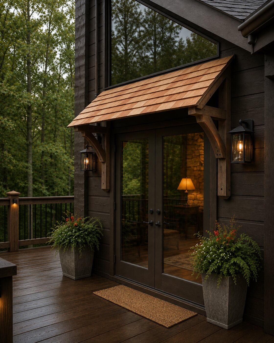 Timber-framed cabin entry canopy