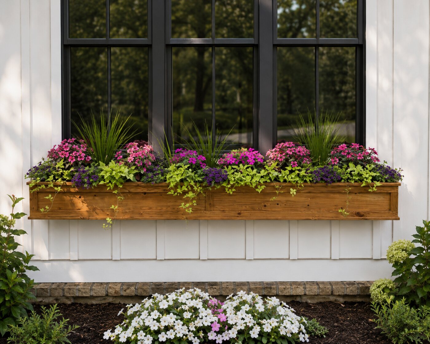 Long cedar flower box beneath a window