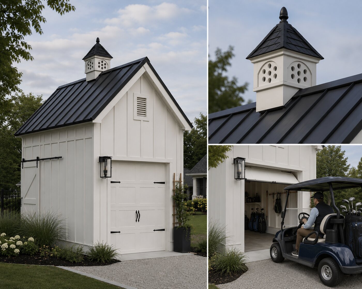 Golf-cart garage with custom cupola and carriage doors